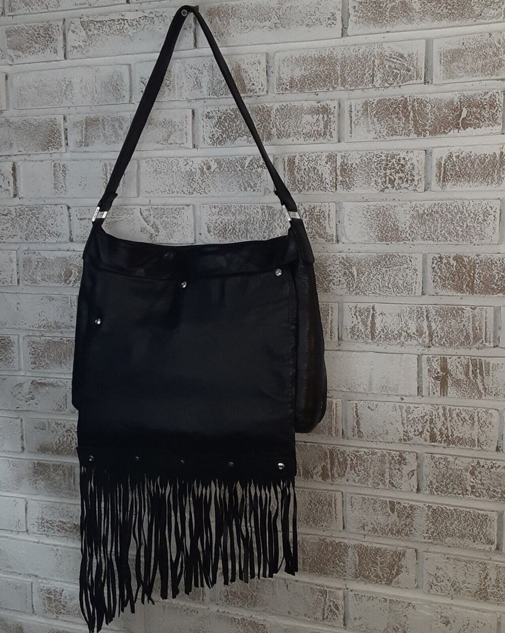 Perlina New York Custom Embellished Fringe Leather Handbag Moto Rocker Edgy